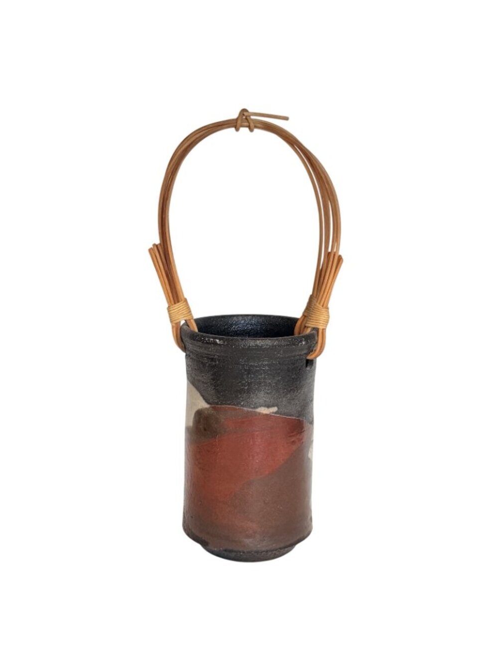 Warren Andrade Raku Pottery Vase 1999 Bamboo Handle Hawaii Artist 12"H w/ handle - Picture 2 of 8